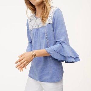 Loft lace & chambray trumpet sleeve top